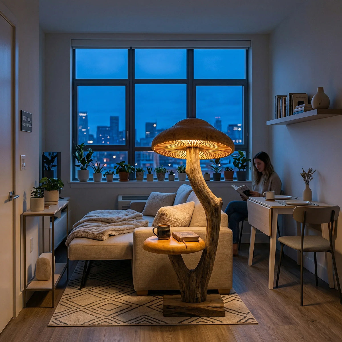 Curved driftwood mushroom floor lamp with wide glowing cap and natural wood base in cozy living room