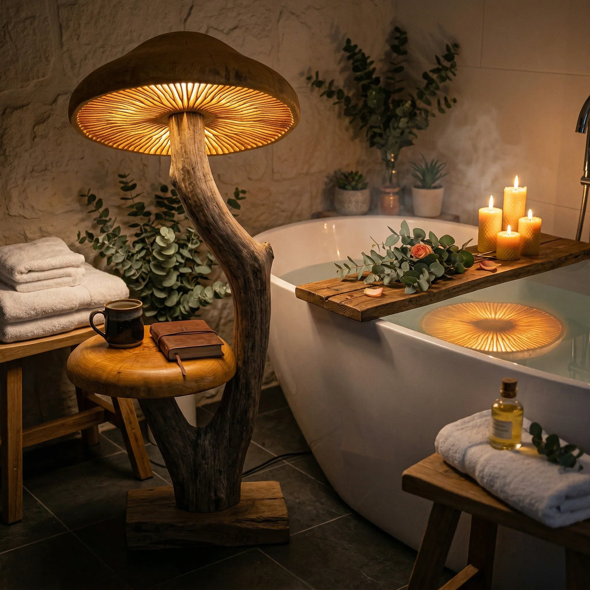 Curved driftwood mushroom floor lamp with wide glowing cap on reclaimed wood base beside bathtub