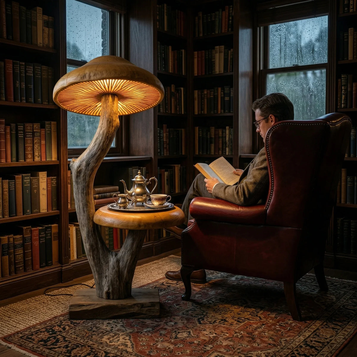 Curved driftwood mushroom floor lamp with wide illuminated cap and S-shaped wooden stem
