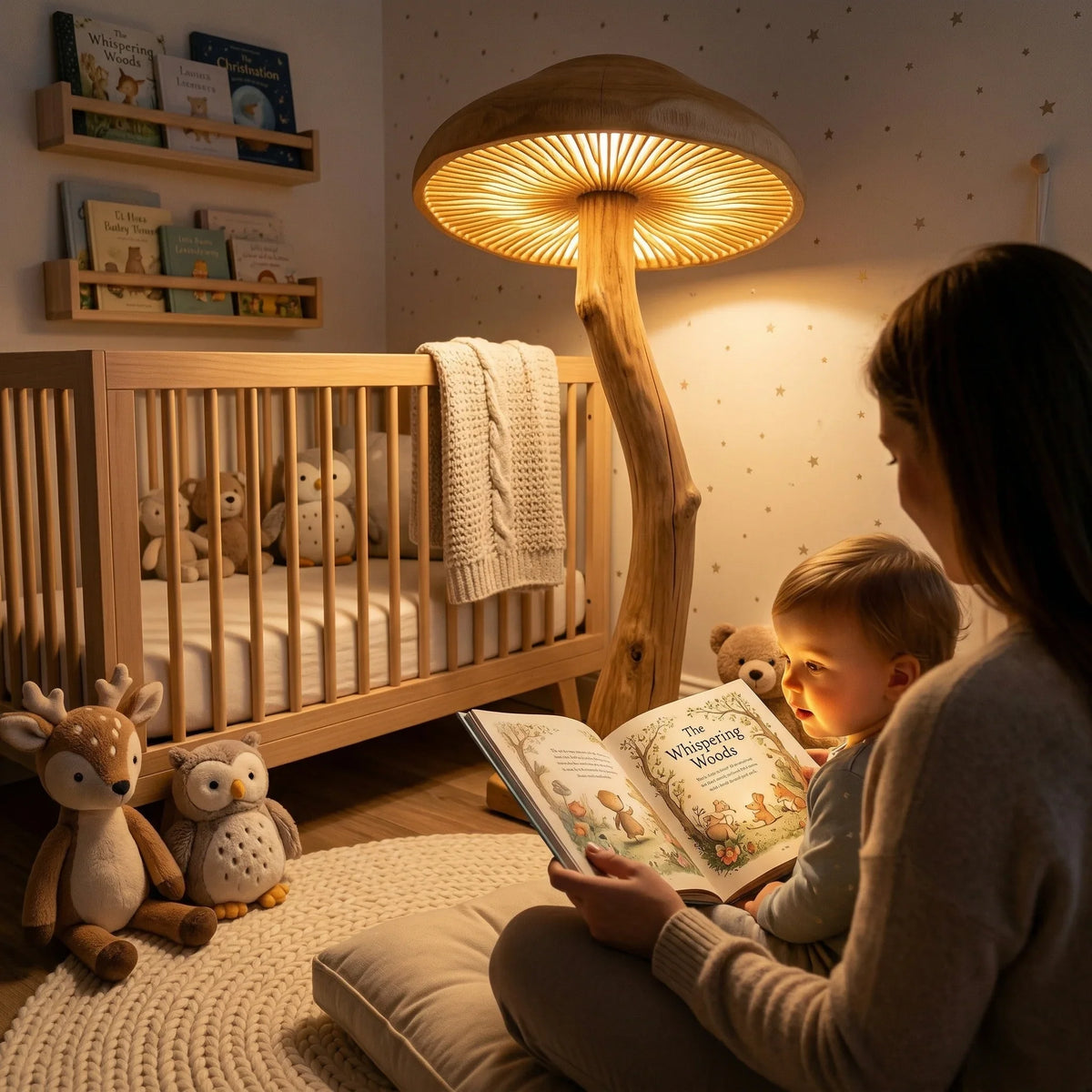 Curved driftwood mushroom floor lamp with wide glowing cap in cozy nursery beside crib and mother reading to child.