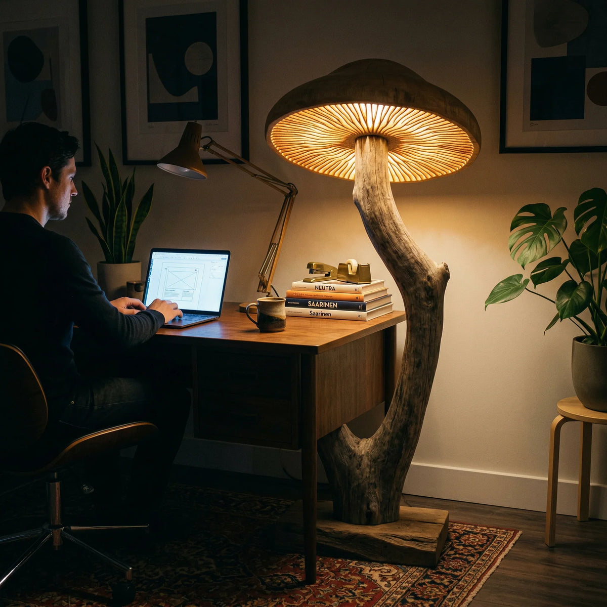 Curved driftwood mushroom floor lamp with glowing cap on reclaimed wood base in cozy office