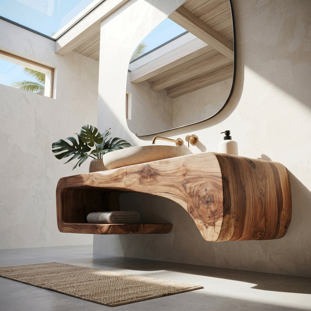 Curved floating solid wood bathroom vanity in a contemporary bathroom