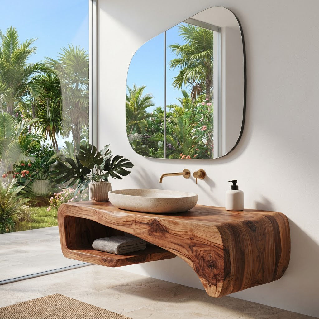 Organic solid wood floating vanity displayed in a minimalist bathroom