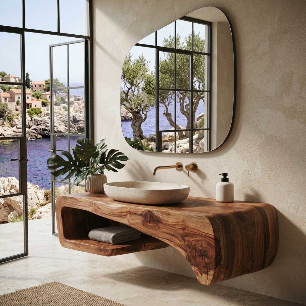 Curved solid wood washstand enhancing a contemporary bathroom space