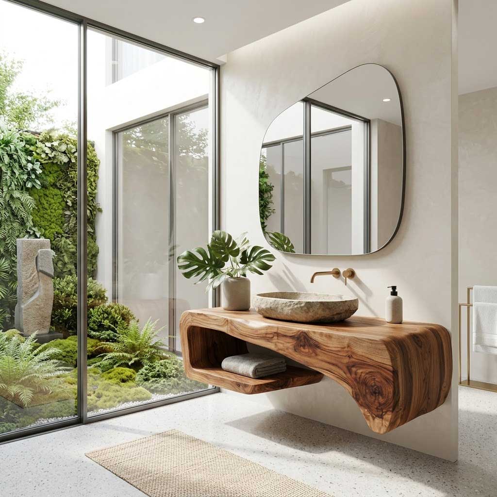 Wall mounted solid wood vanity styled in an elegant modern bathroom