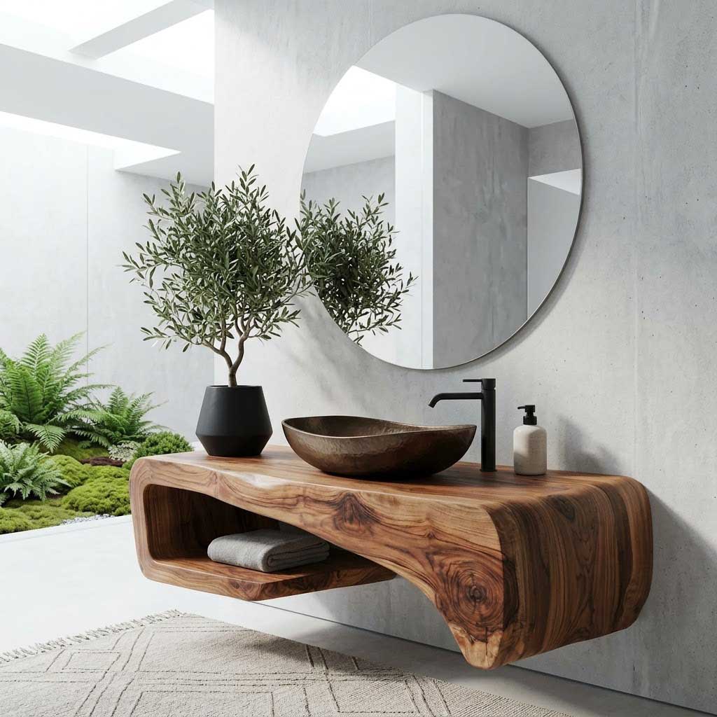 Sculptural solid wood floating vanity showcased as a statement bathroom piece