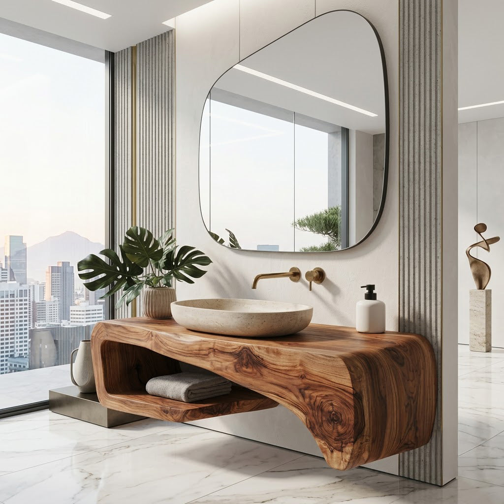 Curved solid wood washstand enhancing a contemporary bathroom space