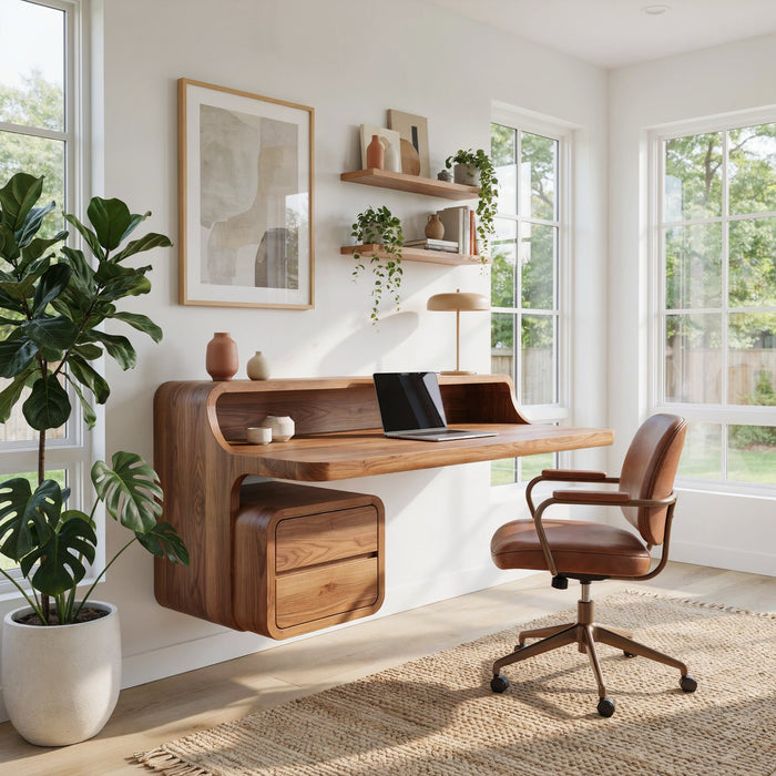 Curved floating wall mounted secretary desk in solid timber with built in hutch and drawers