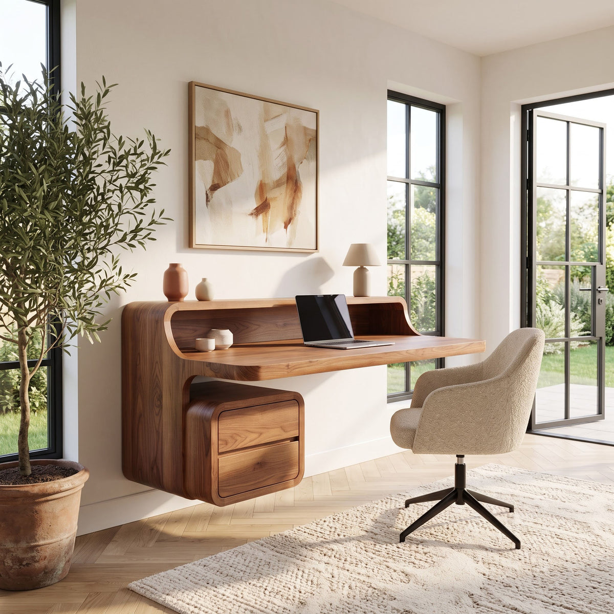 Curved floating solid timber secretary desk styled in a modern home office