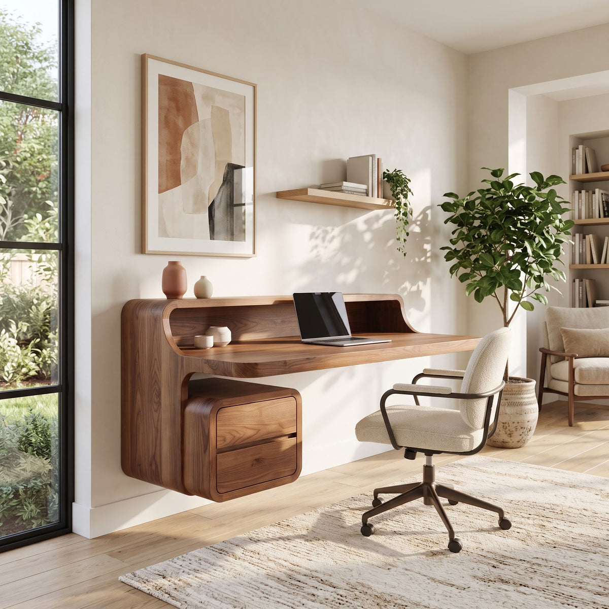 Wall mounted wooden workstation with built in hutch and drawers in a compact study