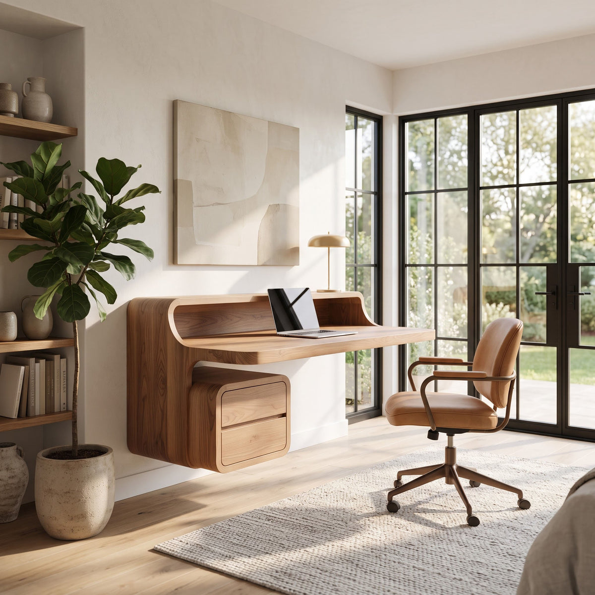 Sculptural curved timber desk displayed against a contemporary office wall