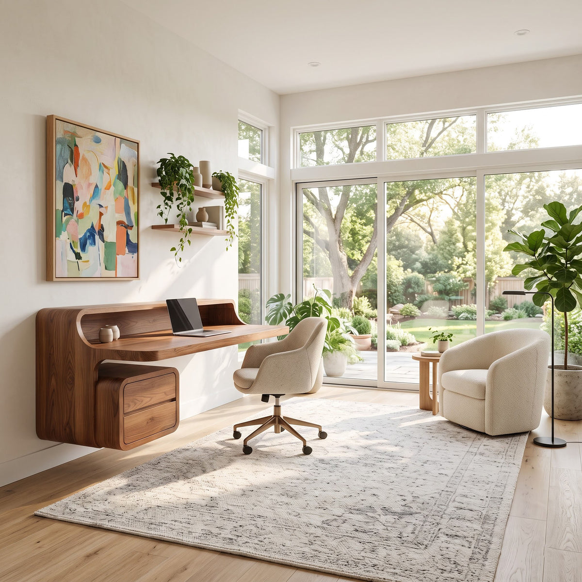 Solid wood floating secretary desk with integrated storage in a minimalist workspace