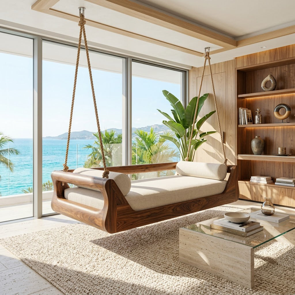 Curved solid wood hanging swing daybed styled in a contemporary living room