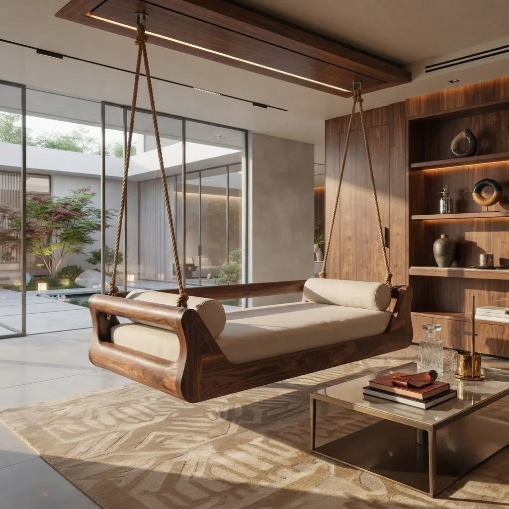 Hand sculpted organic wooden swing bed suspended in a spacious living room
