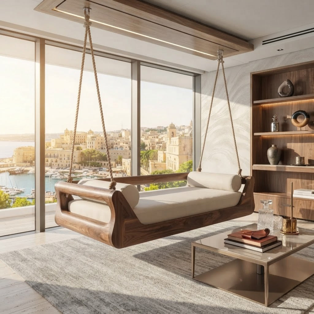 Sculptural hanging daybed with flowing curves beside a modern living room window
