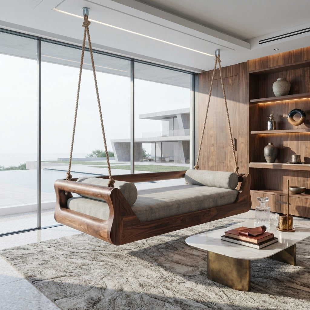 Genuine solid wood swing daybed featured in an elegant living room interior