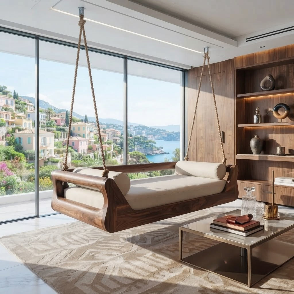 Organic curved wooden hanging daybed styled as a statement piece in a living room