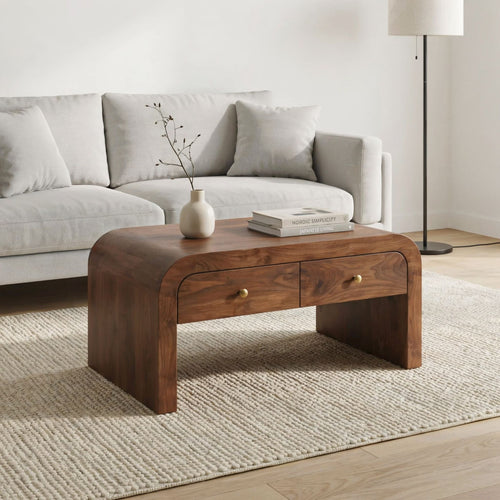 Curved Solid Wood Coffee Table – Organic Modern Coffee Table with Storage Drawers