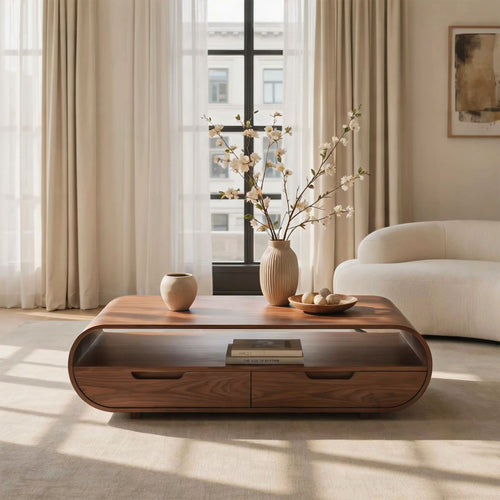 Curved Solid Wood Living Room Table with Drawers & Shelf