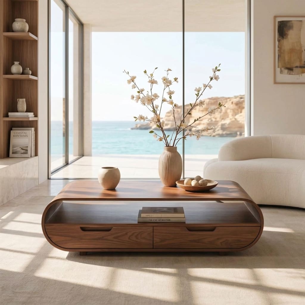 Curved solid wood coffee table styled in a modern living room