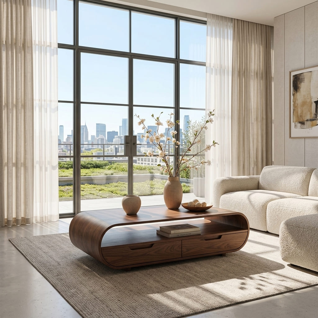 Contemporary natural wood coffee table with storage in an elegant home
