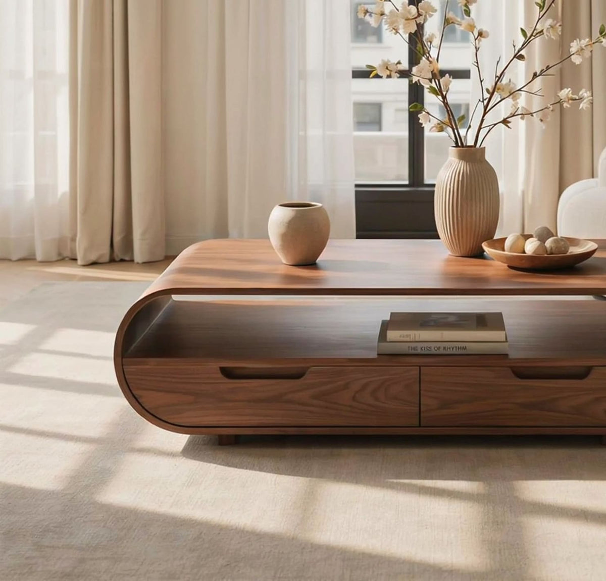 Solid wood living room table featuring built-in storage drawers