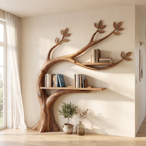 Curved Trunk Botanical Wall Bookshelf - Hand-Carved Timber Branch Display