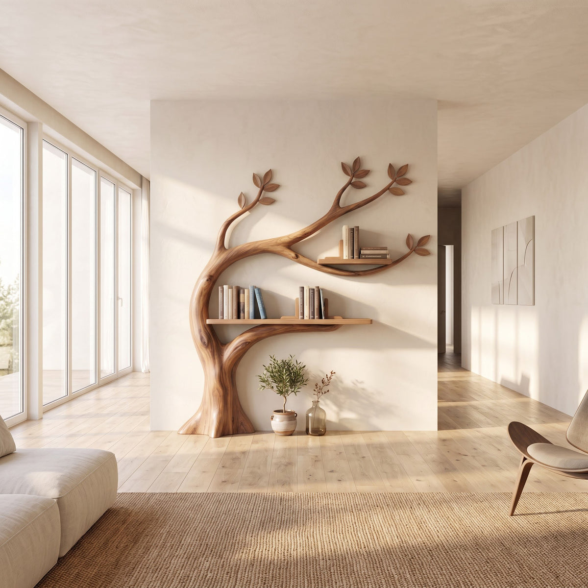 Artisanal solid hardwood botanical display rack elevating a luxury home library wall