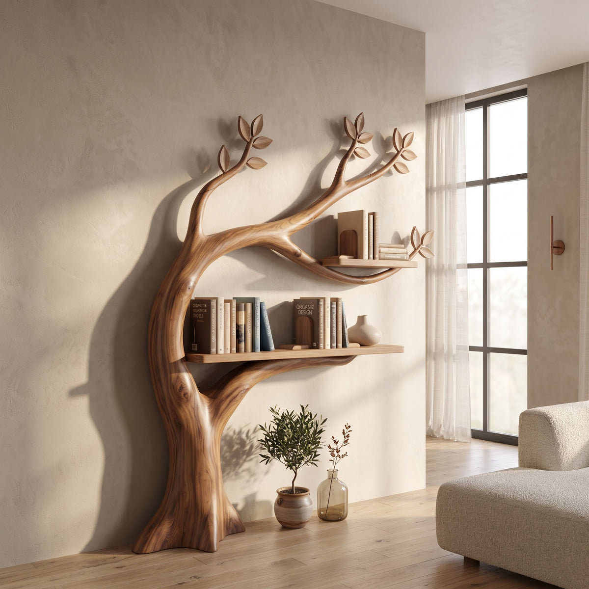 Contemporary solid wood curved tree bookcase mounted in an airy living room
