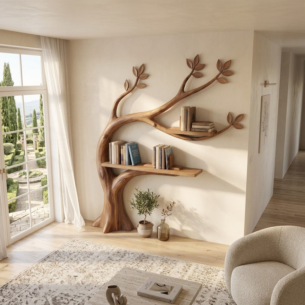 Hand-carved natural timber branch display shelf for an organic living room