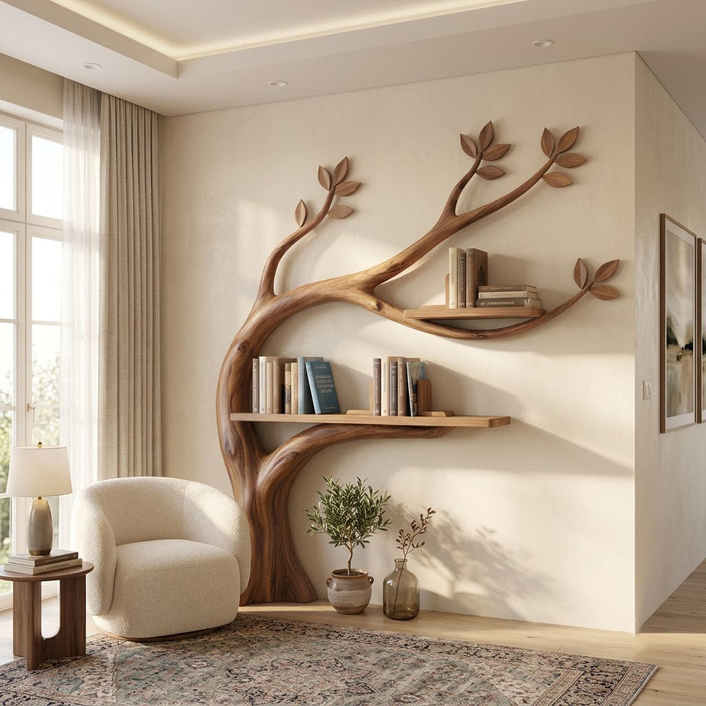 Hand-carved natural timber branch display shelf for an organic study nook