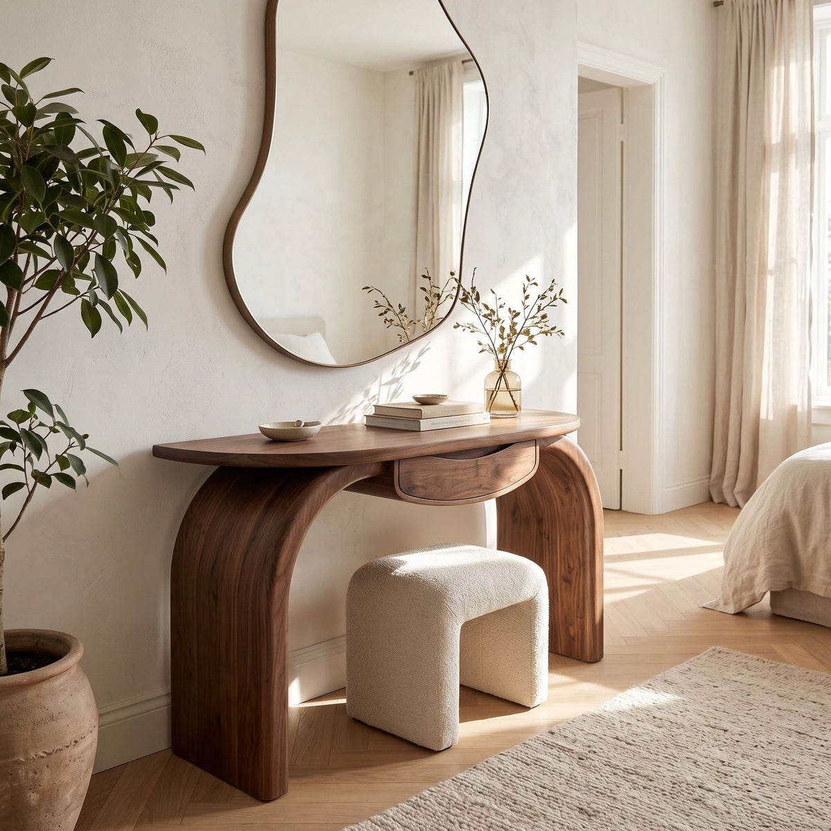 Curved waterfall arch vanity table in solid wood with concealed drawer