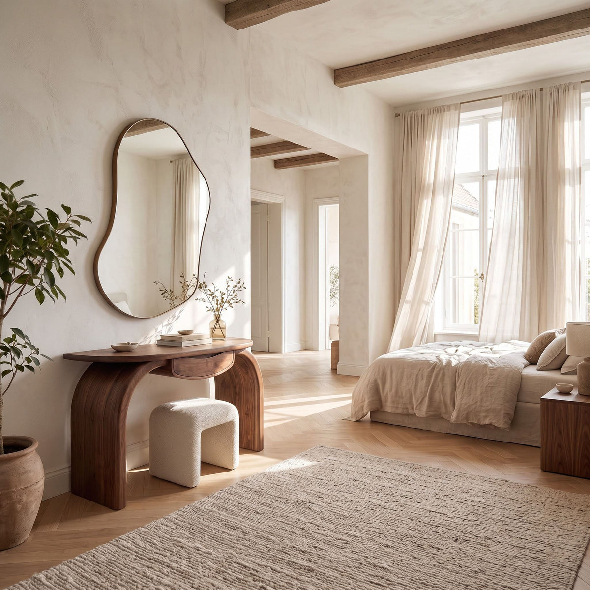 Solid wood vanity table with hidden storage styled in a sophisticated dressing area