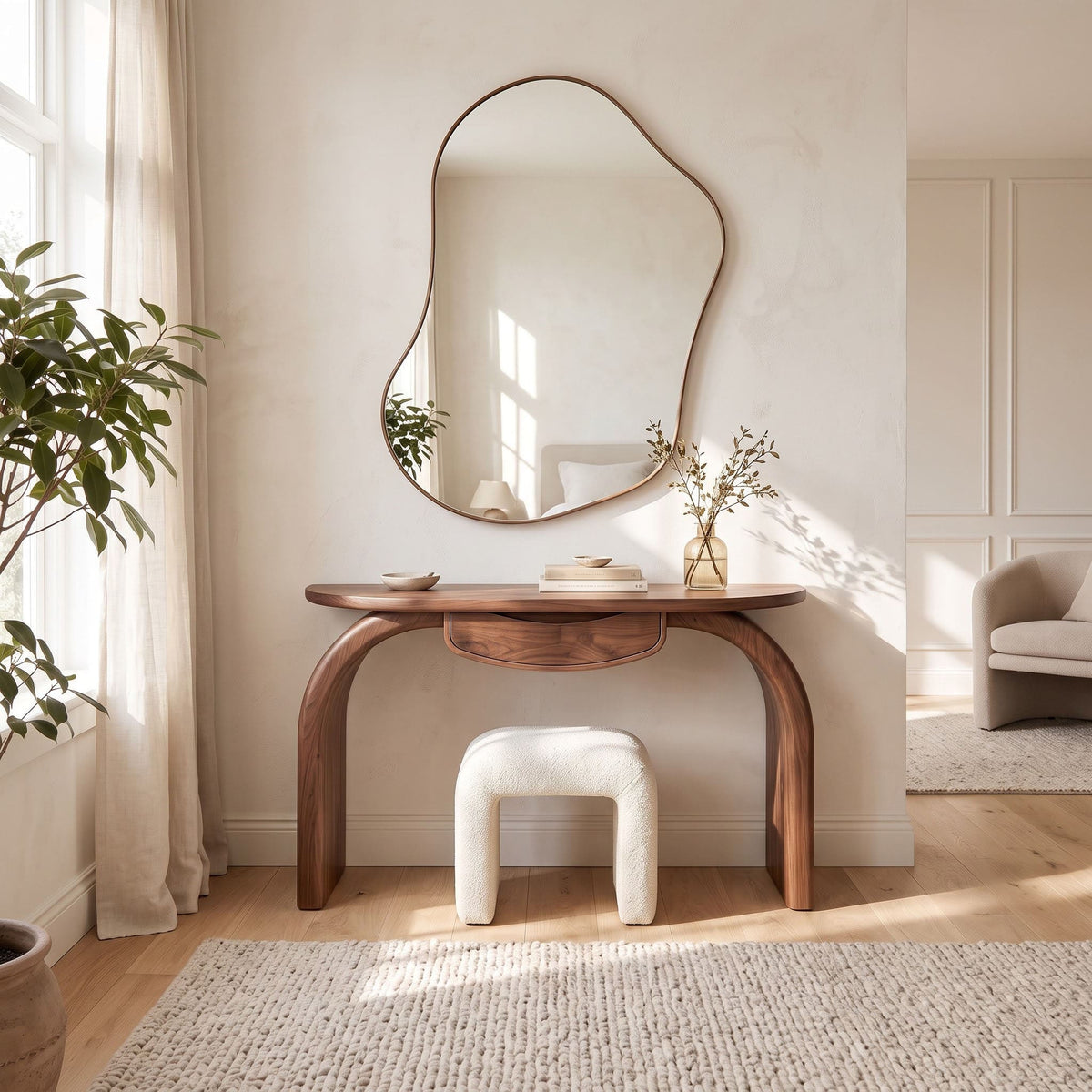 Sculptural wooden vanity table featuring flowing arch curves in a contemporary interior