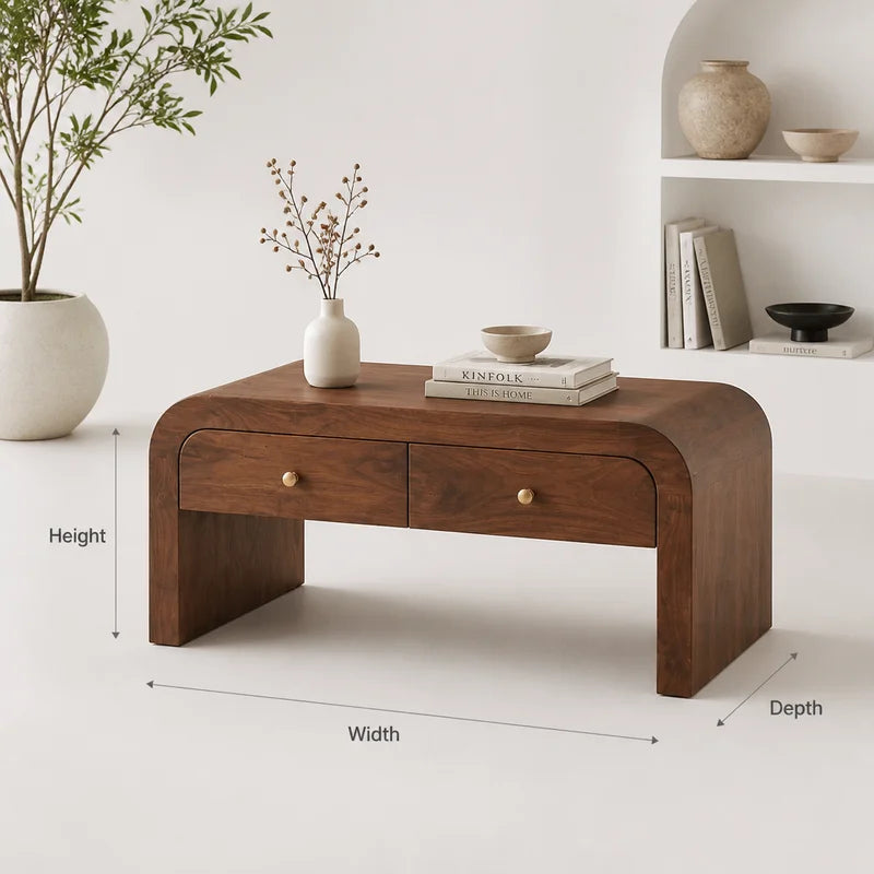 Curved Solid Wood Coffee Table – Organic Modern Coffee Table with Storage Drawers