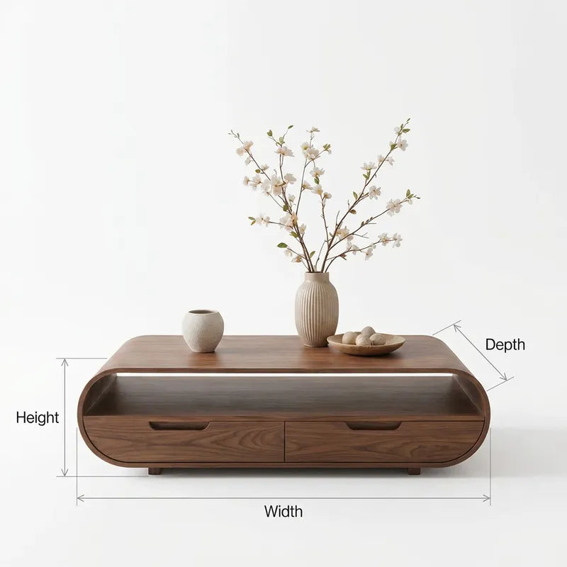 Curved Solid Wood Living Room Table with Drawers & Shelf