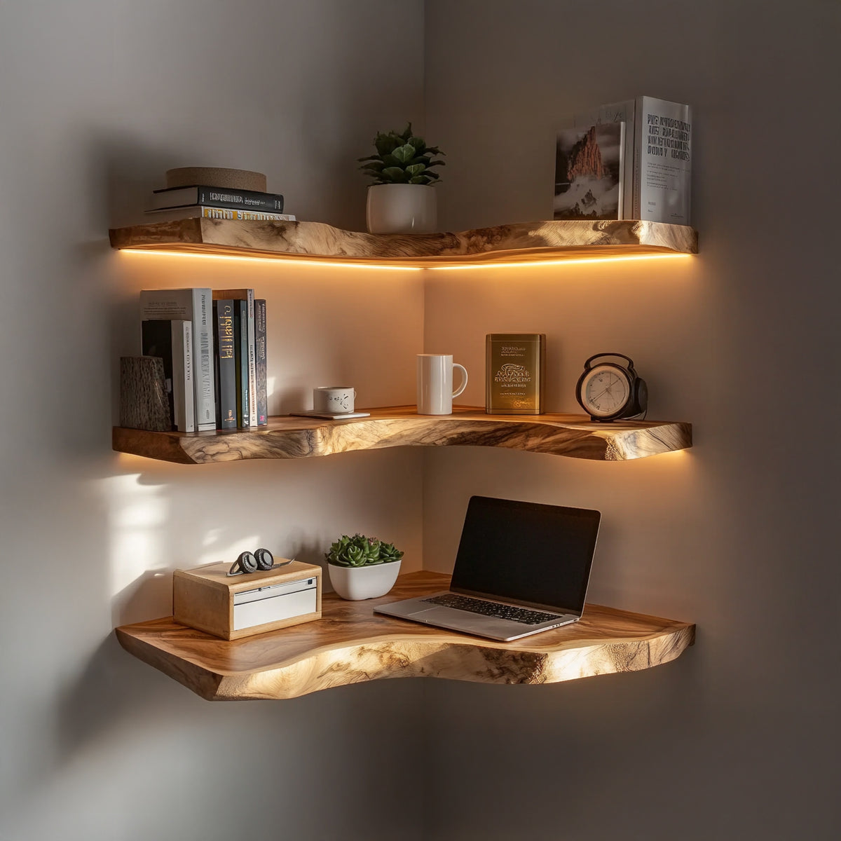 Custom rustic wooden corner shelves for wall storage
