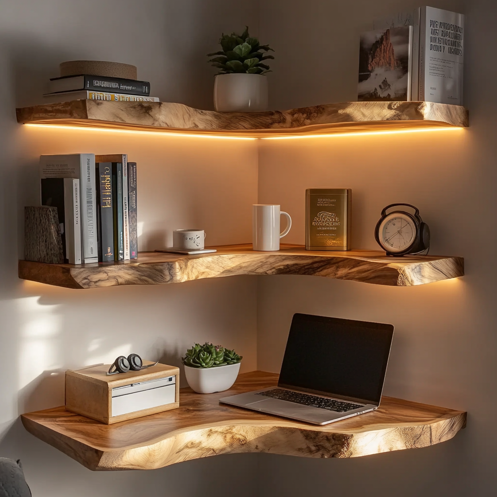 Handmade corner wall shelving for modern rustic interiors