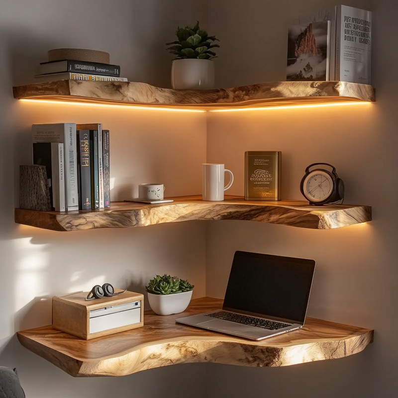 Handmade corner wall shelving for modern rustic interiors