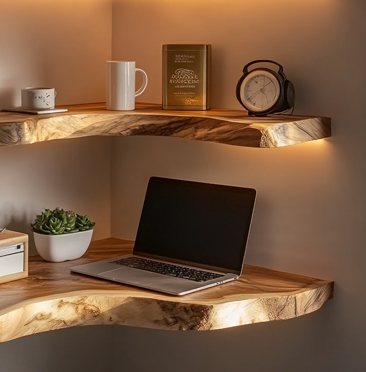 Floating corner shelves made from handcrafted natural wood