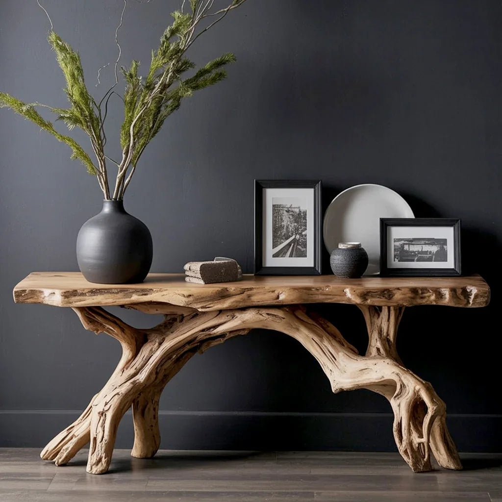 Rustic wooden console table with natural branch legs, black vase with greenery, framed photos, and decor