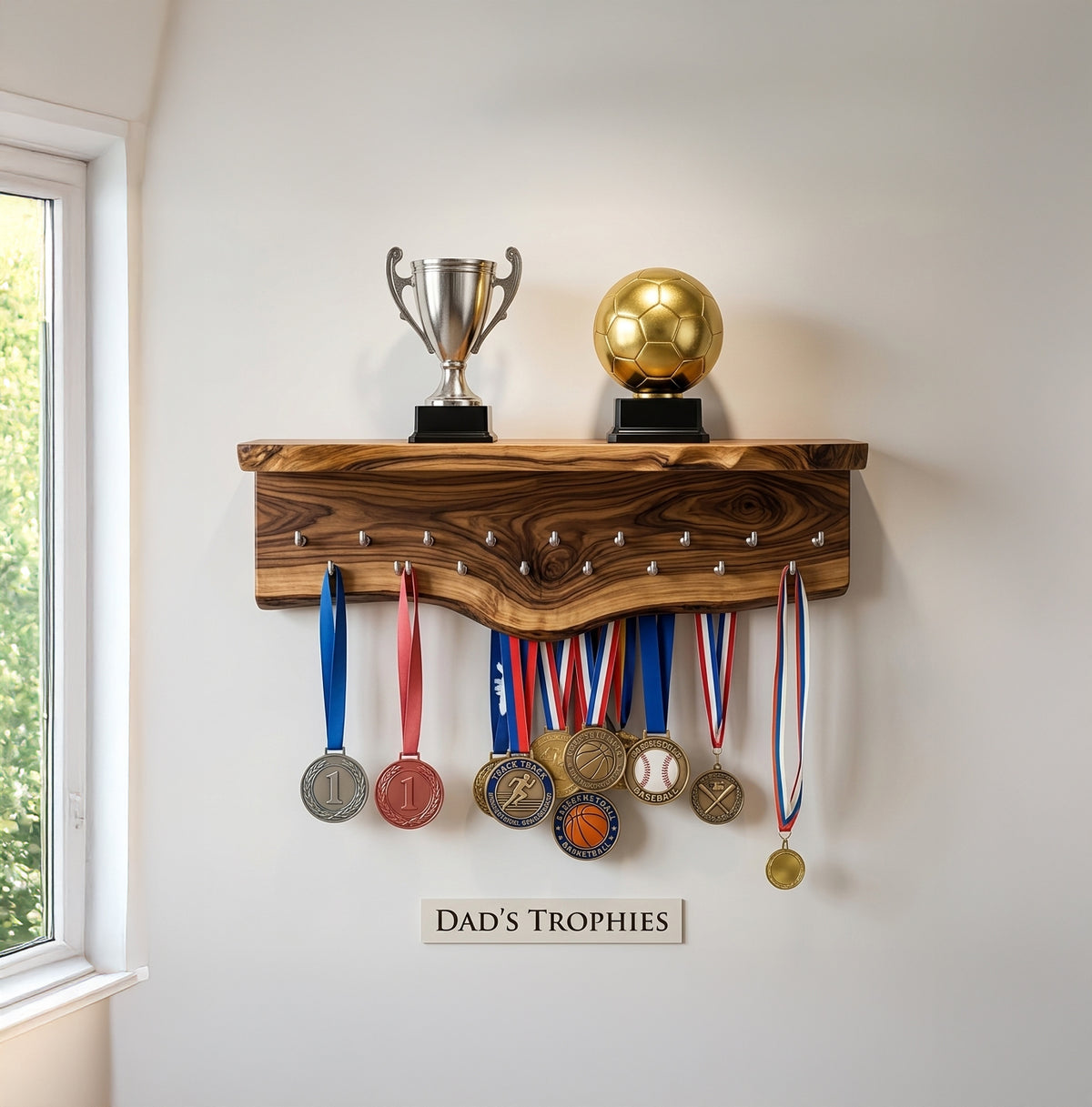 Live edge wood medal holder shelf for sports trophies