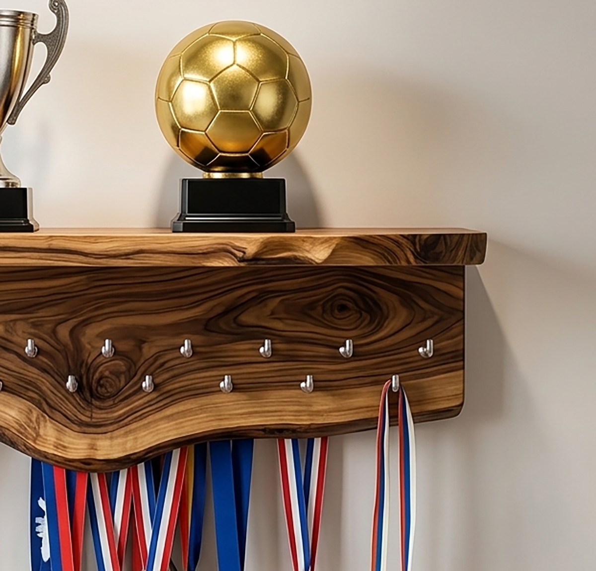 Sports medal display rack made from natural wood