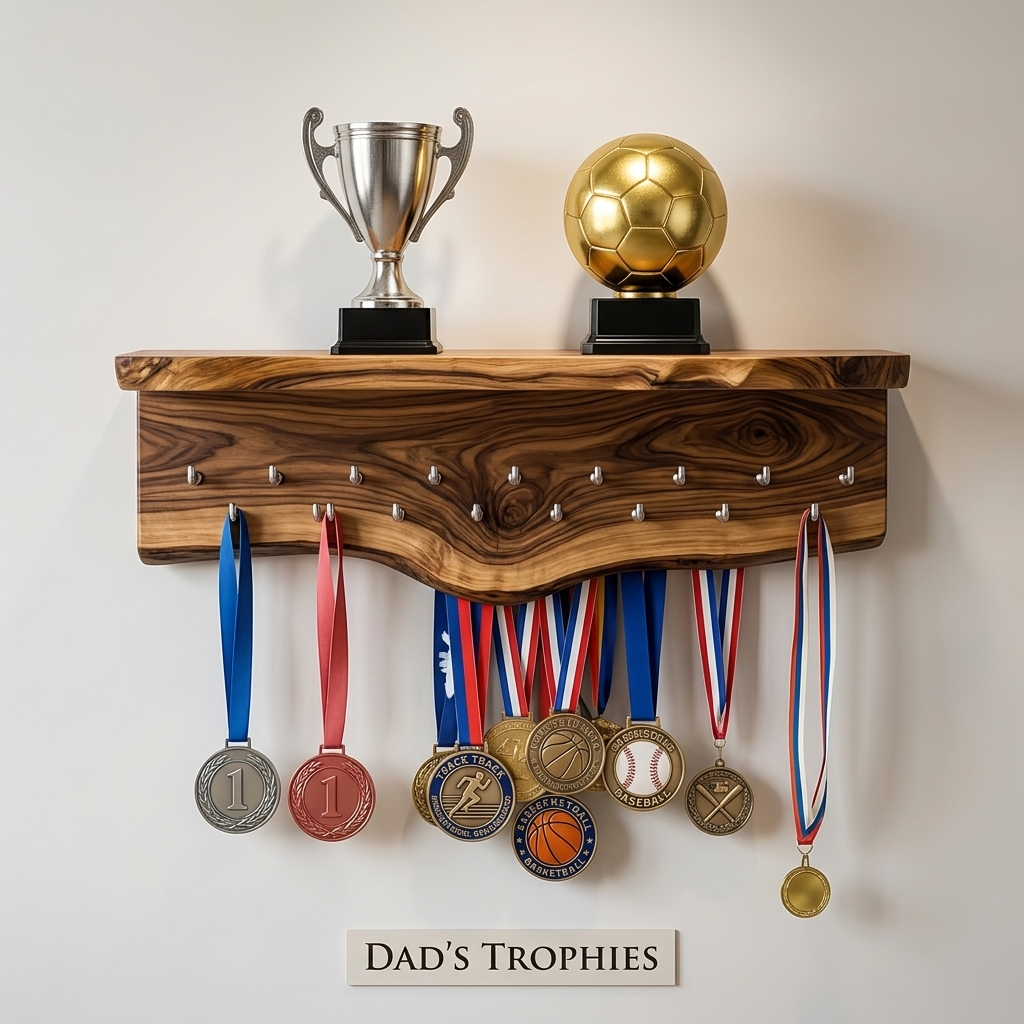 Rustic wood award shelf for trophies and memorabilia