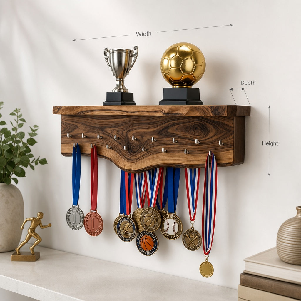 Dad’s Trophies Display Shelf – Handcrafted Live Edge Wood Medal Holder for Sports Dad