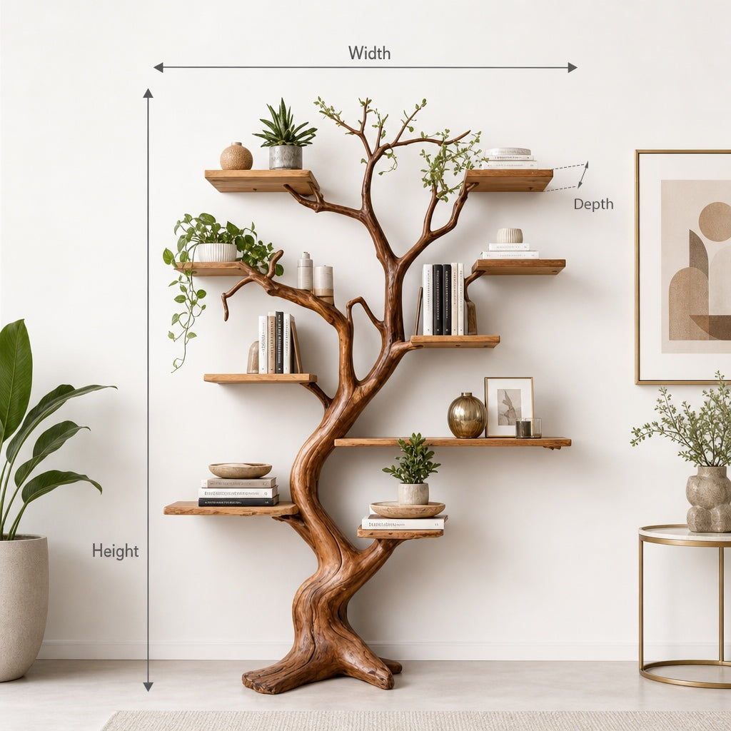 Decorative Tree Trunk Bookshelf - Large Wall-Mounted Wooden Sculpture - Rustic Display Shelf