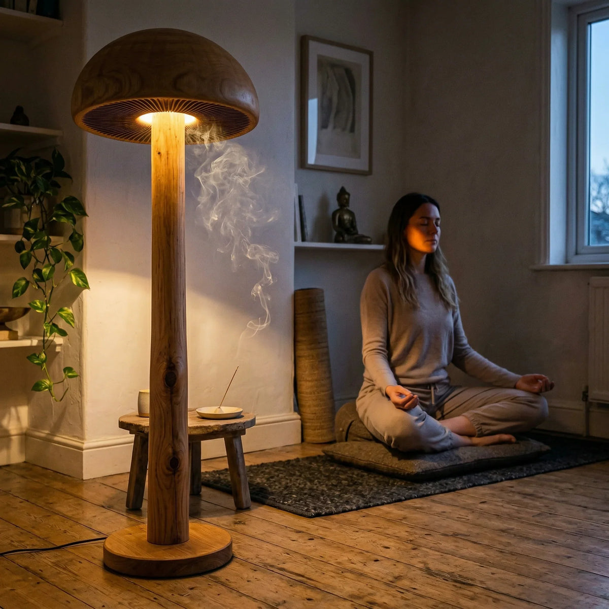 Solid wood mushroom floor lamp with hand-carved gill detail in serene meditation space