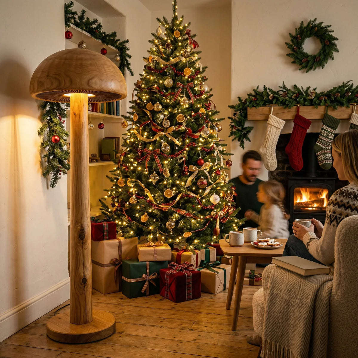 Solid wood mushroom floor lamp with carved gill detail beside a decorated Christmas tree