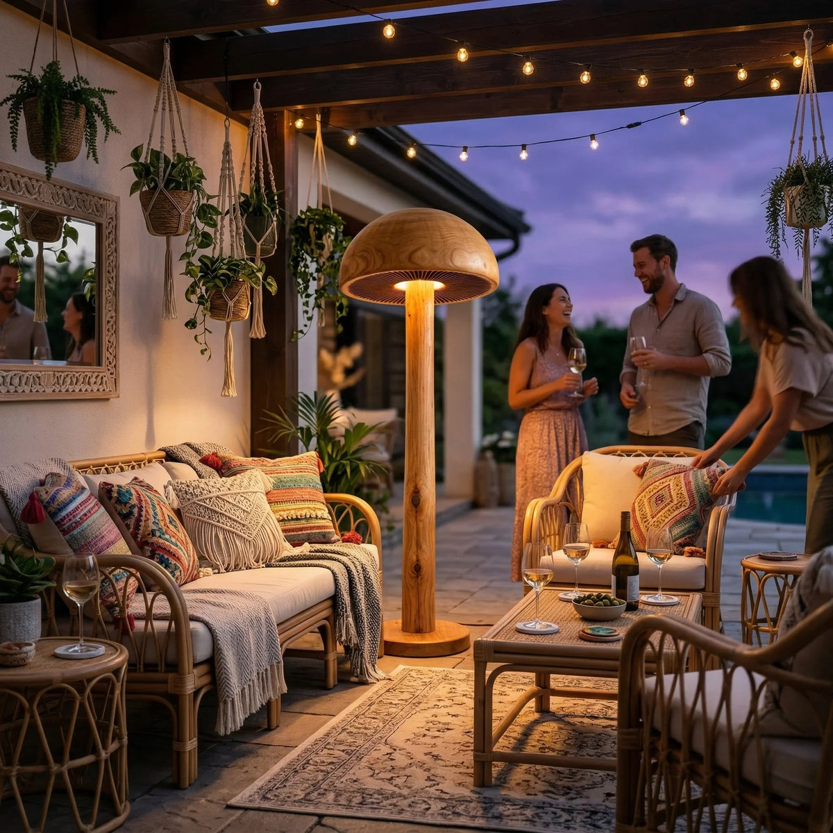 Deep dome mushroom floor lamp with hand-carved wood stem, lighting cozy outdoor patio seating area.