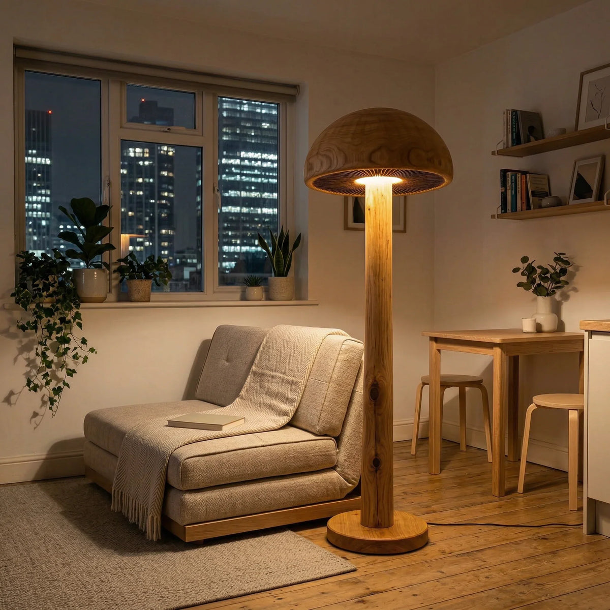Mushroom-shaped wooden floor lamp with carved gill detail in cozy modern living room